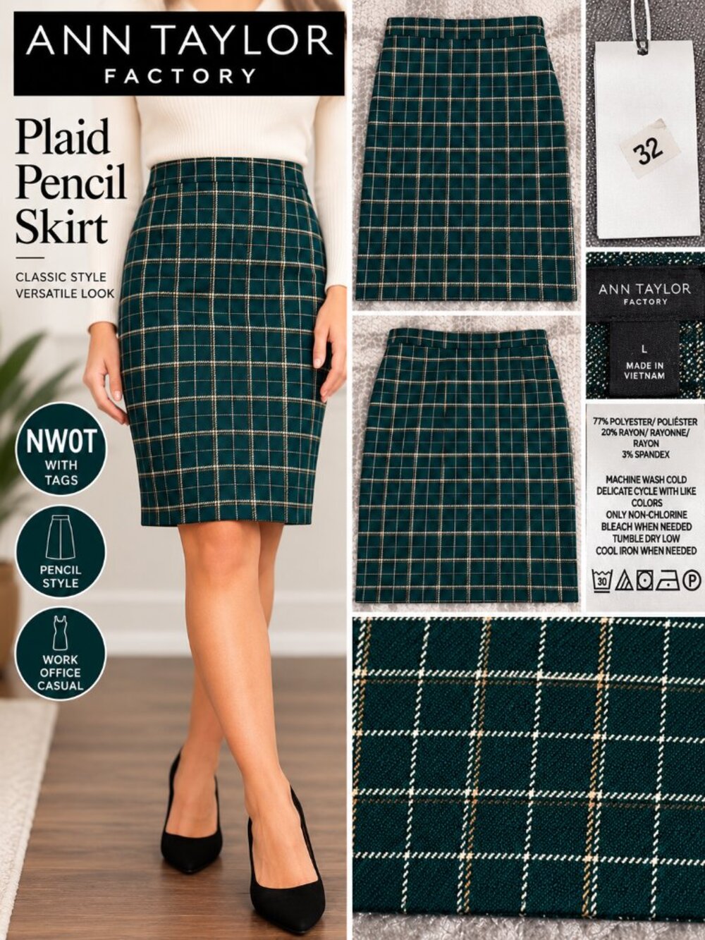 NWOT Ann Taylor Factory Plaid Pencil Skirt Green Gray Size Large L